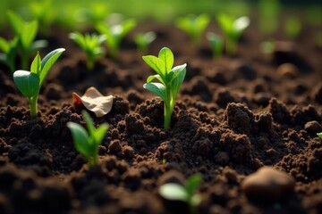 New Life Emerging from Rich Soil Young Seedlings Flourishing in Dark Earth Under Sunlight