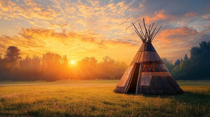 As the sun sets, a beautifully crafted wigwam stands gracefully in a wide-open field, surrounded by lush greenery and vibrant skies. This scene captures a moment of tranquility and cultural richness