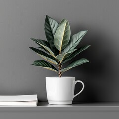 Potted plant with lush green leaves on a sleek shelf against a gray wall