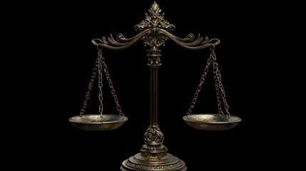 Ornate bronze scales of justice isolated on black background.