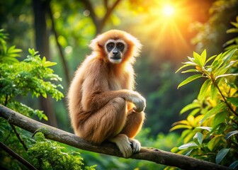 Obraz premium Sandy Gibbon on Branch, Lush Forest Blurred Background - Aerial View Stock Photo