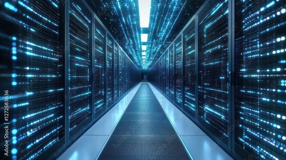 Poster illuminated server room corridor showing digital data flow