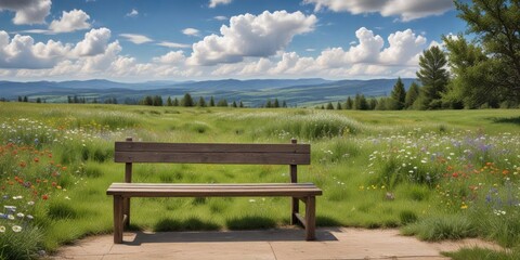 Rustic wooden bench overlooking a vibrant wildflower meadow and distant rolling hills under a partly cloudy sky