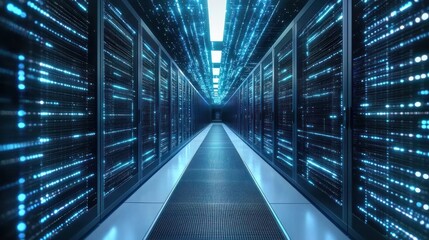Obraz premium Illuminated Server Room Corridor Showing Digital Data Flow