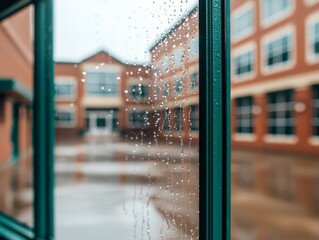 Rain-soaked window view of a school courtyard with blurred buildings in background
