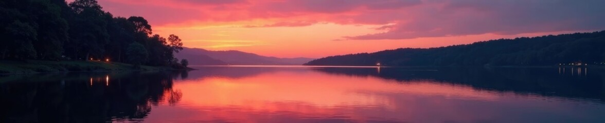 Fototapeta premium Quiet lake at sunset with surrounding trees and a few lights in the distance, serene, peaceful