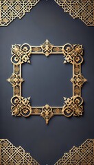 Modern Islamic frame with delicate arabesque corner embellishments in gold, a rich navy-blue backdrop, and a large empty middle space designed for Ramadan wishes or promotional content