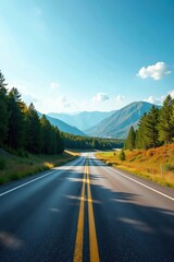 Fototapeta premium Asphalt ribbon unwinding through a valley of evergreen trees, towards majestic mountains under a vibrant summer sky