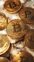 Golden bitcoin coins on marble background