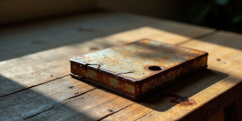 A weathered rectangular metal box rests on a rustic wooden surface, bathed in sunlight, showcasing its aged texture and patina.