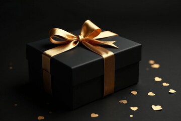 An Elegant Black Gift Box with a Golden Ribbon and Scattered Hearts on a Dark Surface