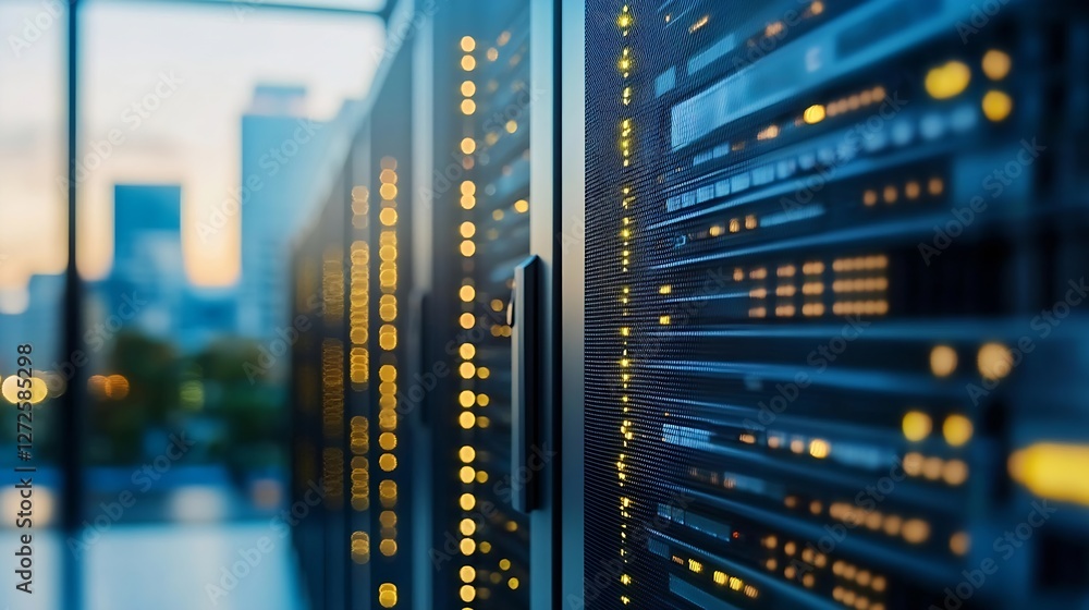 Aufkleber modern data center interior with rows of server racks in a cityscape at sunset : generative ai