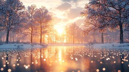 Winter sunset over snow-covered forest lake. Peaceful scene, ideal for calendar or screensaver