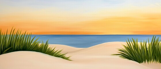 A serene beach scene featuring soft sand dunes, gentle waves, and lush green grass against a warm sunset sky.
