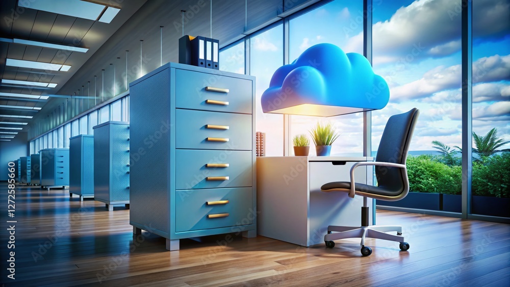 Poster secure cloud data storage: 3d file cabinet & cloud computing concept
