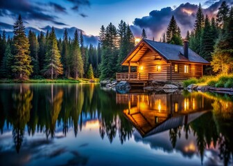 Obraz premium Secluded Wooden Lake House at Night - Peaceful Solitude in Nature