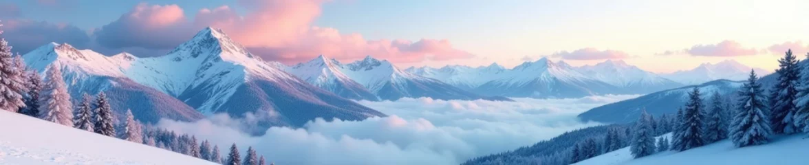 Fototapete Rund Serene winter landscape with mountains and clouds, winter landscapes, mountains © MR