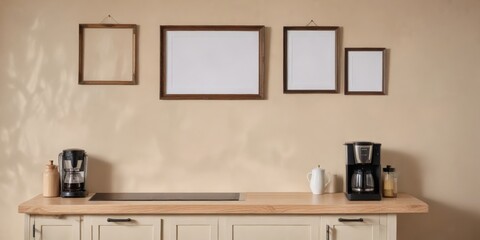 Simple Kitchen Countertop with Empty Picture Frames and Coffee Maker