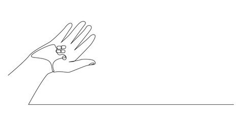 continuous line of palm and medical tablet.one line drawing of hand carrying medicine.single line vector illustration taking medicine.health one line concept