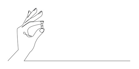 continuous line of hand holding medicine tablet.one line drawing of hand showing medicine.single line vector illustration of taking medicine.one line concept health