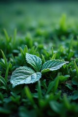 Shallow depth frozen leaves on emerald green grass, depth, leaves