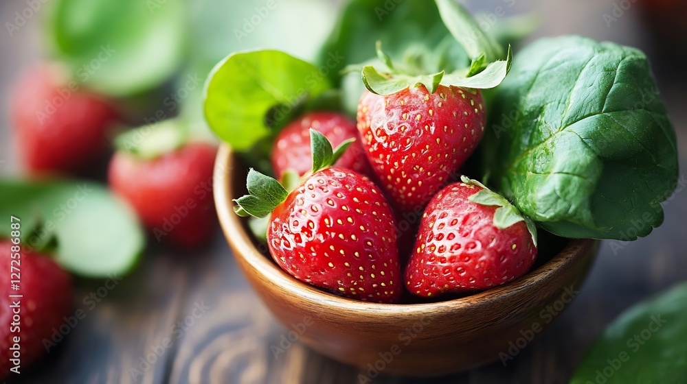 Poster fresh strawberries and spinach leaves in a wooden bowl on a rustic table : generative ai
