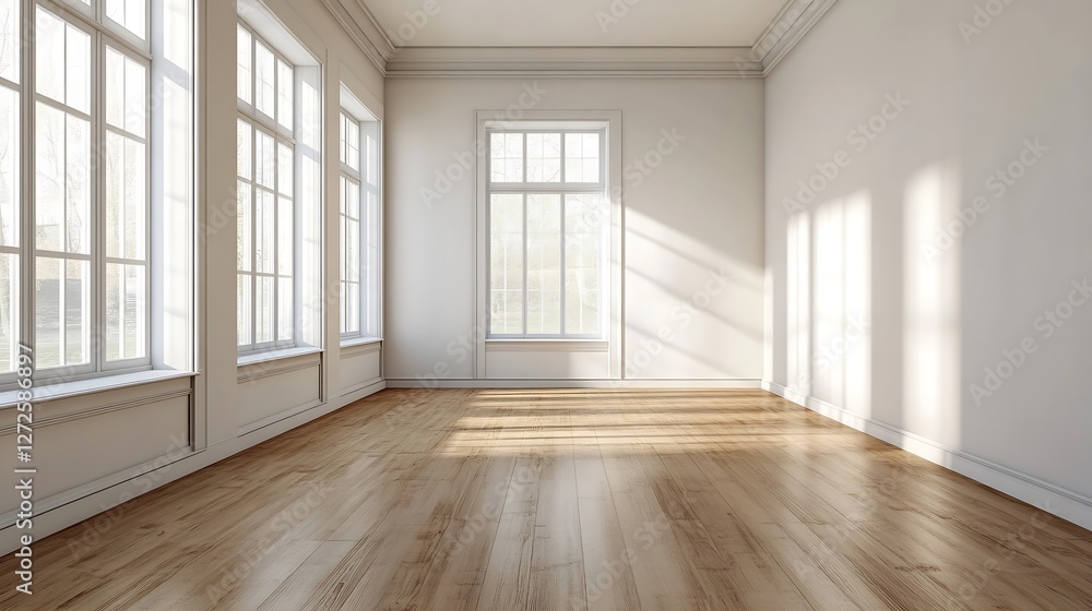 Aufkleber Bright Empty Room With Large Windows and Pleasant Natural Light Casting Shadows : Generative AI