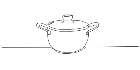 continuous line of cooking pot.one line drawing of cooking utensils pan.single line vector illustration.isolated white background