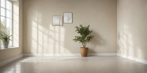 Serene Minimalist Room Corner with Natural Light and Potted Plant