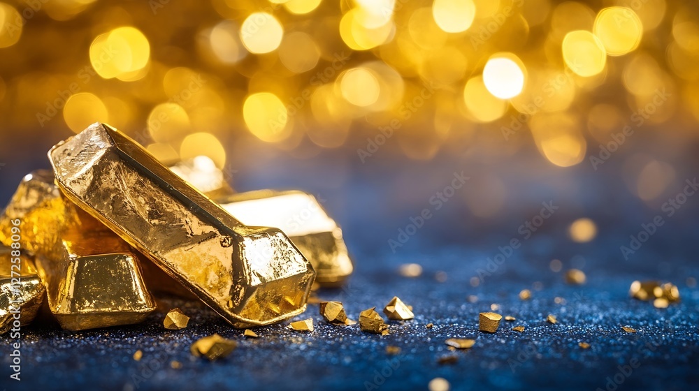 Poster shimmering gold bars and glittering bokeh background signifying wealth and luxury : generative ai