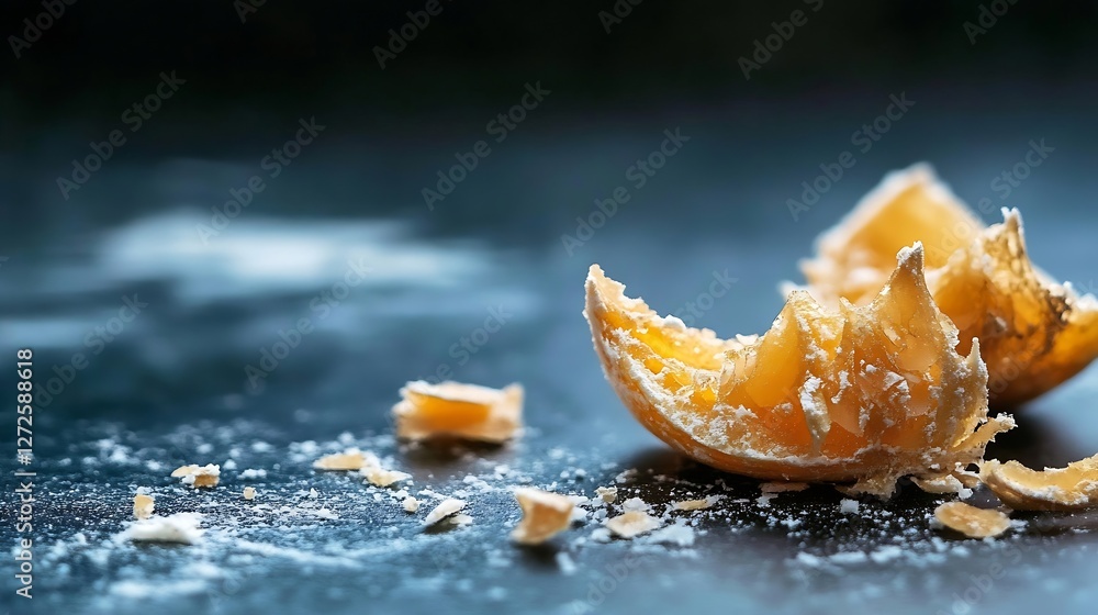 Poster beautifully cracked orange shell in a messy artistic display on a dark surface : generative ai