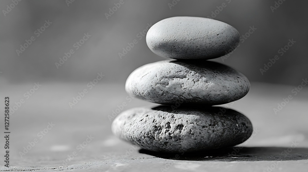 Poster Tranquil Stacked Stones With Dark Tones in Black and White for Zen and Meditation Vibes : Generative AI