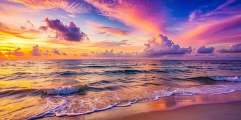 Fototapeta premium Serene Dusk Ocean Horizon: Calm Waves on Sandy Beach at Sunset