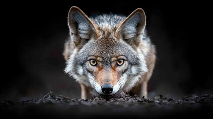 Fototapeta premium Wild coyote crouches low on the dark ground, staring directly forward with an intense gaze.