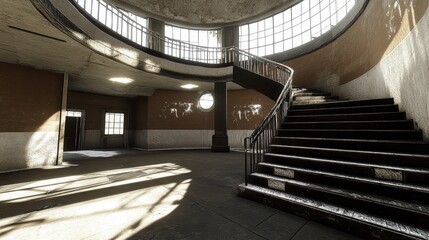 Obraz premium Old Building Interior Spiral Staircase Sunlit Room