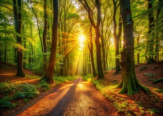 Fototapeta premium Serene Forest Path: Sunlit Woods Landscape Photography