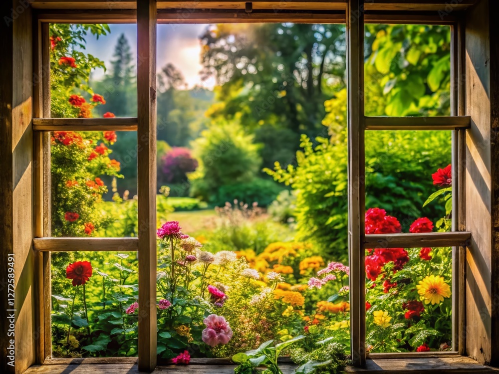 Aufkleber serene garden view through window - soft bokeh background stock photo