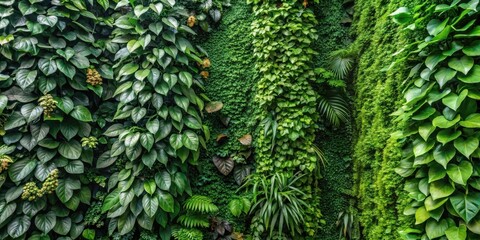 Lush Green Vertical Garden Wall Featuring Varied Textures and Shades of Foliage, Ideal for Interior Design and Nature-Inspired Spaces