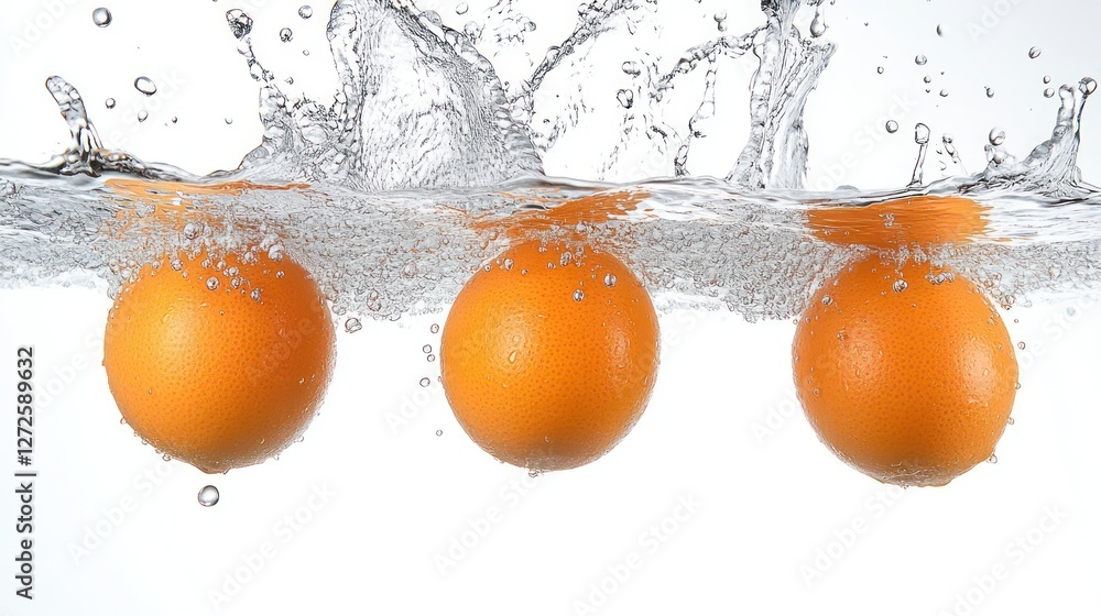 Poster three oranges submerged in water creating a splash