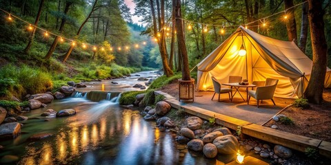 Serene Glamping by Stream: Cozy Lights & Tranquil Nature Escape