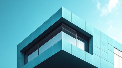 Minimalist architecture with clear lines and bright cyan tones against a blue sky