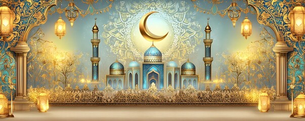 Ornate mosque illustration with golden accents and crescent moon