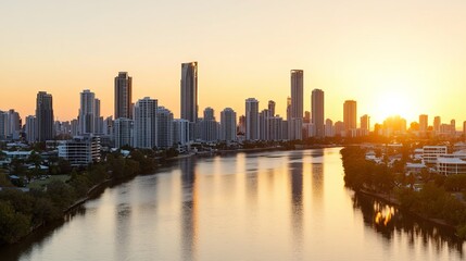Fototapeta premium Scenic sunset over a city skyline reflecting on a calm river, showcasing modern architecture