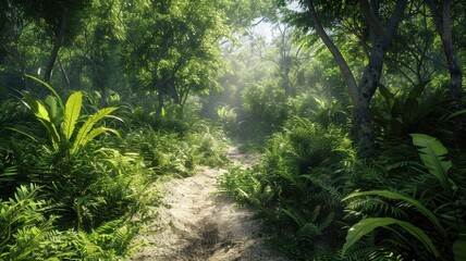 Explore a vibrant jungle track surrounded by dense green foliage. This serene path invites adventure through a lush tropical environment, perfect for nature lovers.