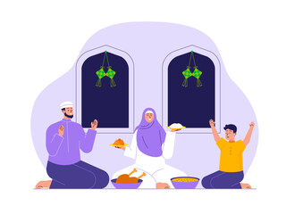 Muslim family celebrates ramadan festival Illustration. Eid illustration. Flat vector illustration concept.