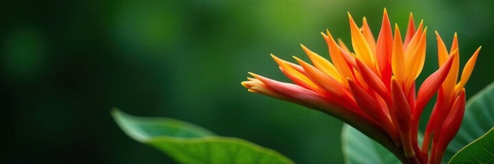 Naklejka premium Red and orange Guzmania blooms with green leaves, green, orange, botanical