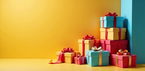 Stacked gift boxes in a corner with some spilling out, messy, gift boxes, down