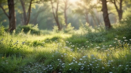 Golden Sunlight Illuminates a Field of Delicate Wildflowers in a Lush Green Meadow Surrounded by Trees