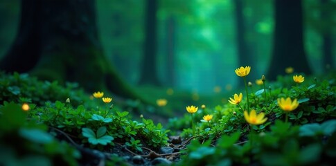Bioluminescent blooms illuminate forest floor, abstract green background
