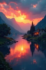 Fototapeta premium Il tramonto sul fiume con una casa di pescatori, casa di pescatori, luce dorata